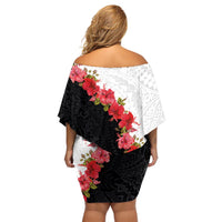 Hawaii Red Hibiscus Flowers Off Shoulder Short Dress Polynesian Pattern With Half Black White Version