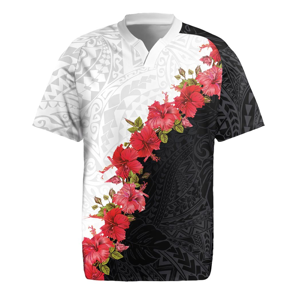 Hawaii Red Hibiscus Flowers Rugby Jersey Polynesian Pattern With Half Black White Version