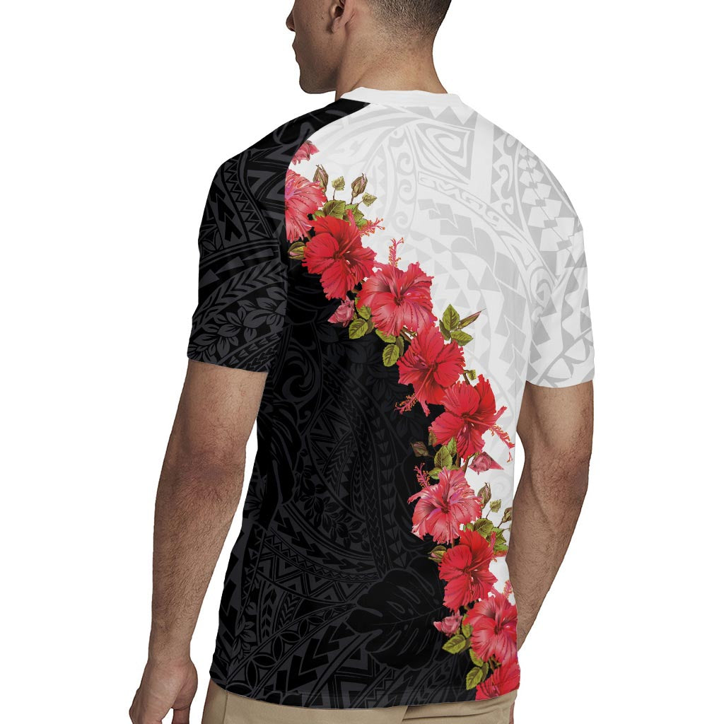 Hawaii Red Hibiscus Flowers Rugby Jersey Polynesian Pattern With Half Black White Version