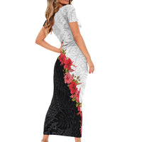 Hawaii Red Hibiscus Flowers Short Sleeve Bodycon Dress Polynesian Pattern With Half Black White Version
