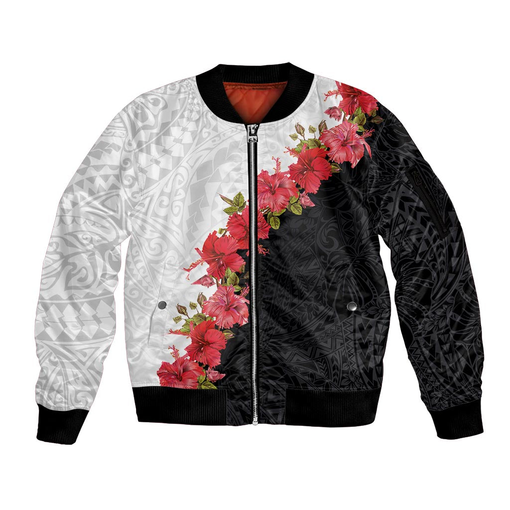 Hawaii Red Hibiscus Flowers Sleeve Zip Bomber Jacket Polynesian Pattern With Half Black White Version