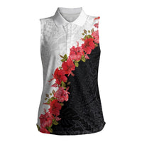 Hawaii Red Hibiscus Flowers Women Sleeveless Polo Shirt Polynesian Pattern With Half Black White Version