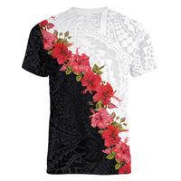 Hawaii Red Hibiscus Flowers Women V-Neck T-Shirt Polynesian Pattern With Half Black White Version LT03 - Polynesian Pride