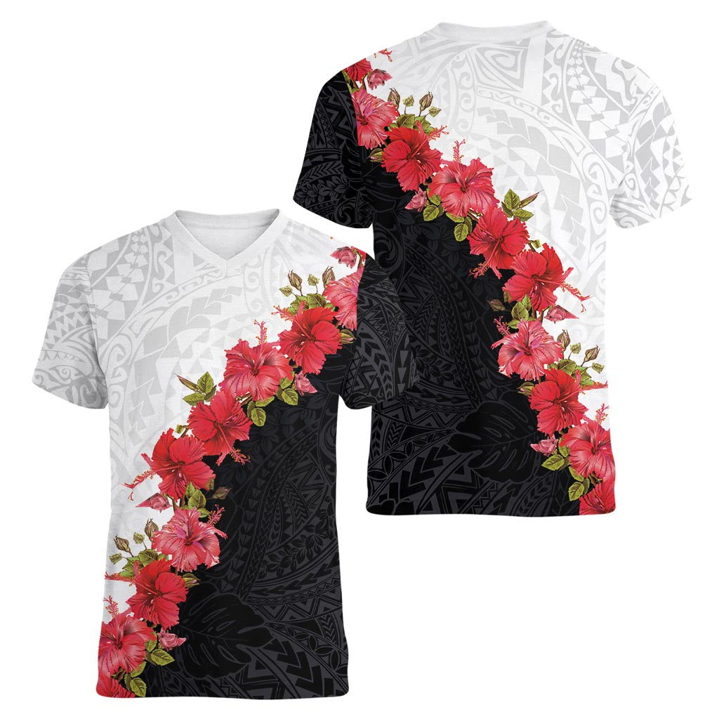 Hawaii Red Hibiscus Flowers Women V-Neck T-Shirt Polynesian Pattern With Half Black White Version LT03 - Polynesian Pride