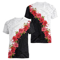 Hawaii Red Hibiscus Flowers Women V-Neck T-Shirt Polynesian Pattern With Half Black White Version LT03 - Polynesian Pride