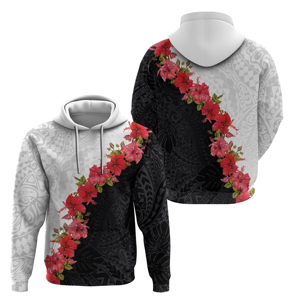 Hawaii Red Hibiscus Flowers Zip Hoodie Polynesian Pattern With Half Black White Version