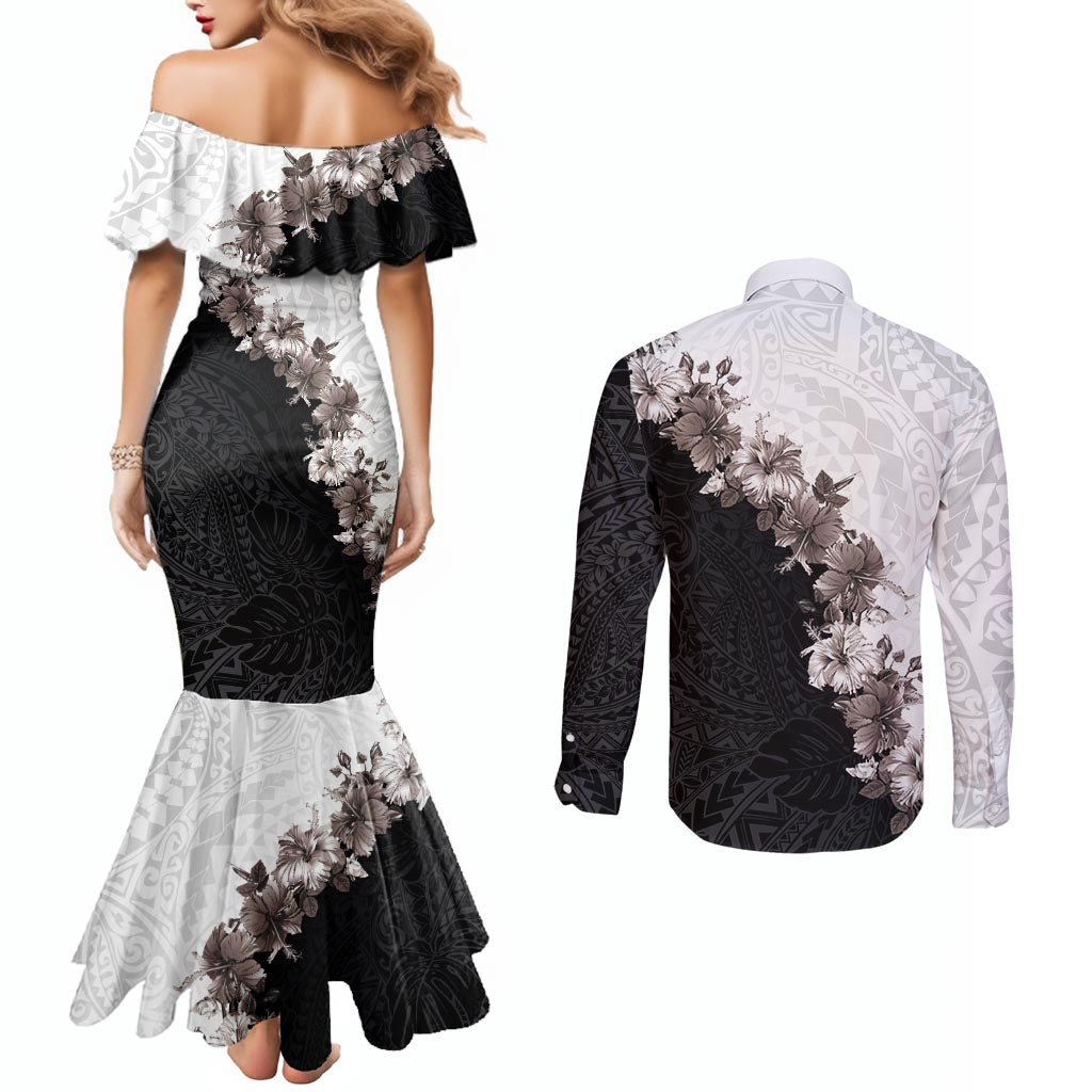 Hawaii Grayscale Hibiscus Flowers Couples Matching Mermaid Dress and Long Sleeve Button Shirt Polynesian Pattern With Half Black White Version