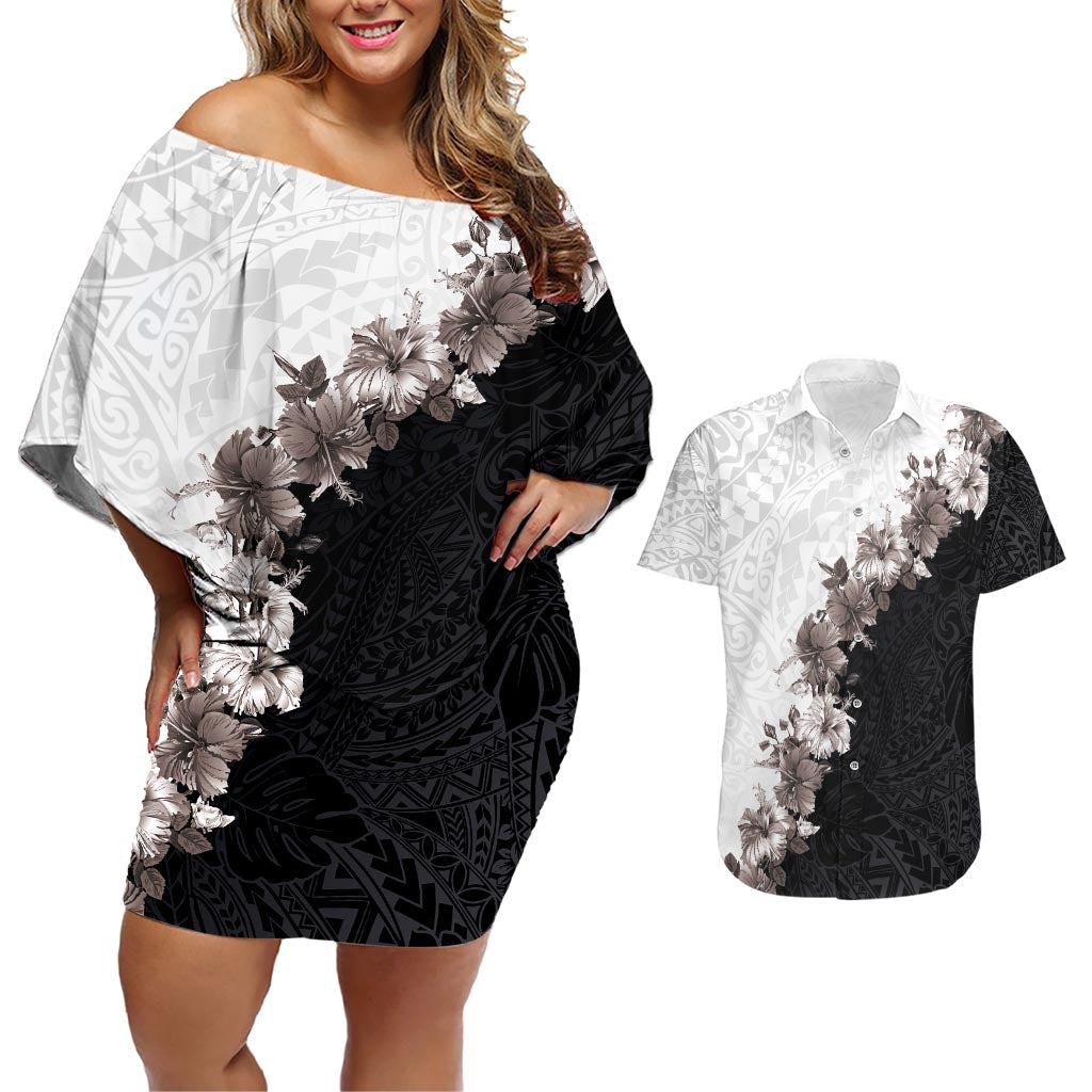 Hawaii Grayscale Hibiscus Flowers Couples Matching Off Shoulder Short Dress and Hawaiian Shirt Polynesian Pattern With Half Black White Version