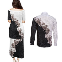 Hawaii Grayscale Hibiscus Flowers Couples Matching Puletasi and Long Sleeve Button Shirt Polynesian Pattern With Half Black White Version
