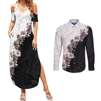 Hawaii Grayscale Hibiscus Flowers Couples Matching Summer Maxi Dress and Long Sleeve Button Shirt Polynesian Pattern With Half Black White Version