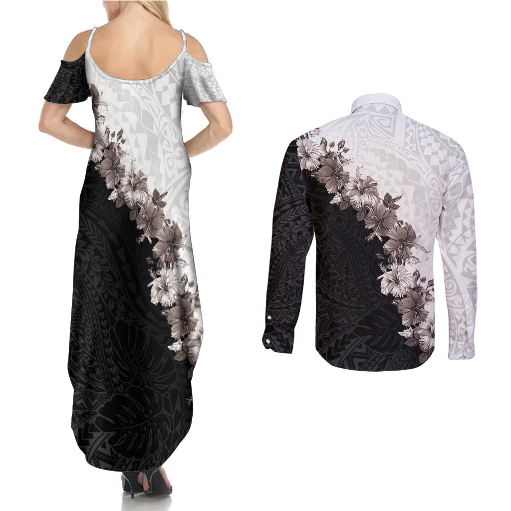 Hawaii Grayscale Hibiscus Flowers Couples Matching Summer Maxi Dress and Long Sleeve Button Shirt Polynesian Pattern With Half Black White Version