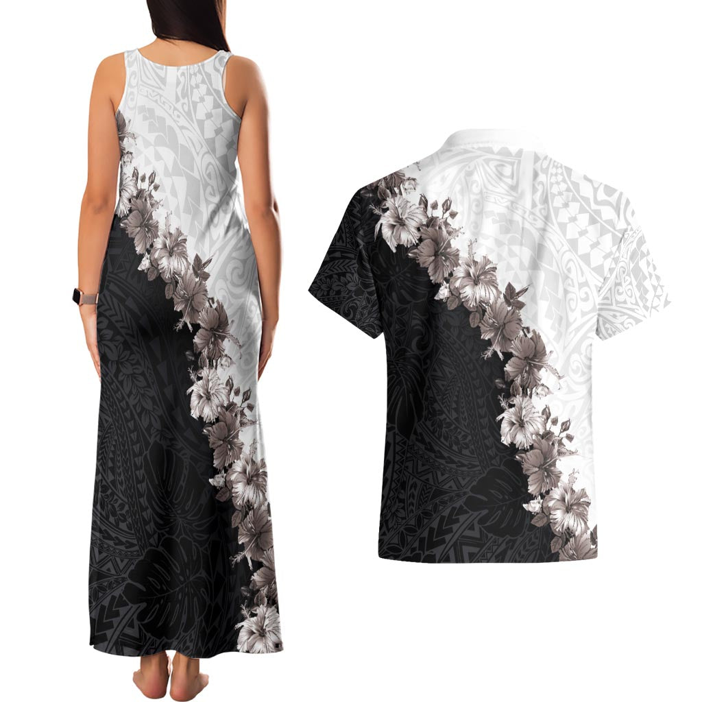 Hawaii Grayscale Hibiscus Flowers Couples Matching Tank Maxi Dress and Hawaiian Shirt Polynesian Pattern With Half Black White Version