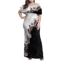 Hawaii Grayscale Hibiscus Flowers Family Matching Off Shoulder Maxi Dress and Hawaiian Shirt Polynesian Pattern With Half Black White Version