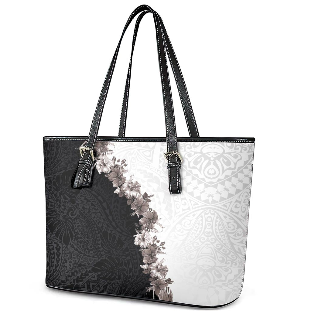 Hawaii Grayscale Hibiscus Flowers Leather Tote Bag Polynesian Pattern With Half Black White Version