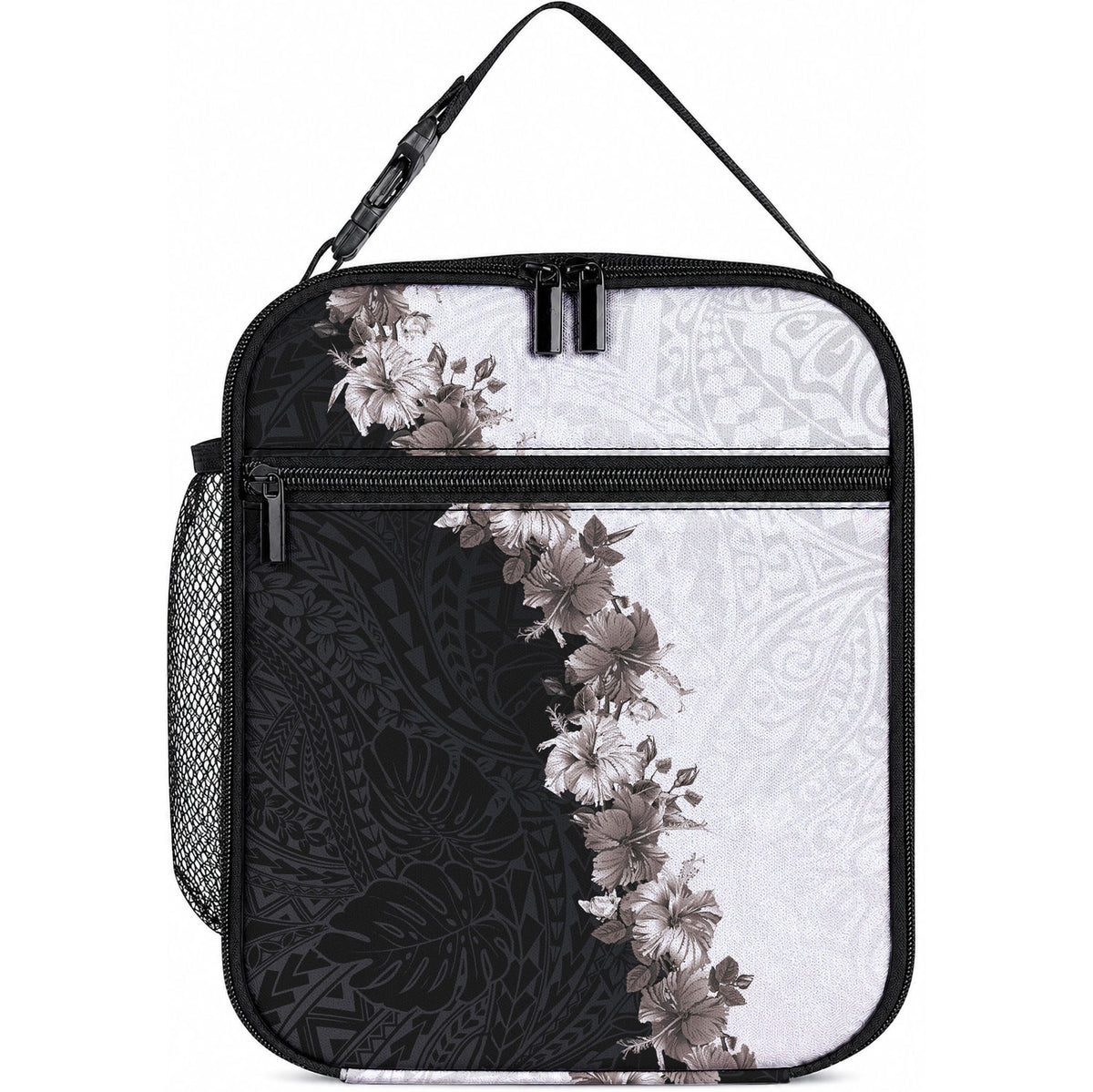 Hawaii Grayscale Hibiscus Flowers Lunch Bag LT03 10.2 × 8.3 × 4.3 inch Black - Polynesian Pride