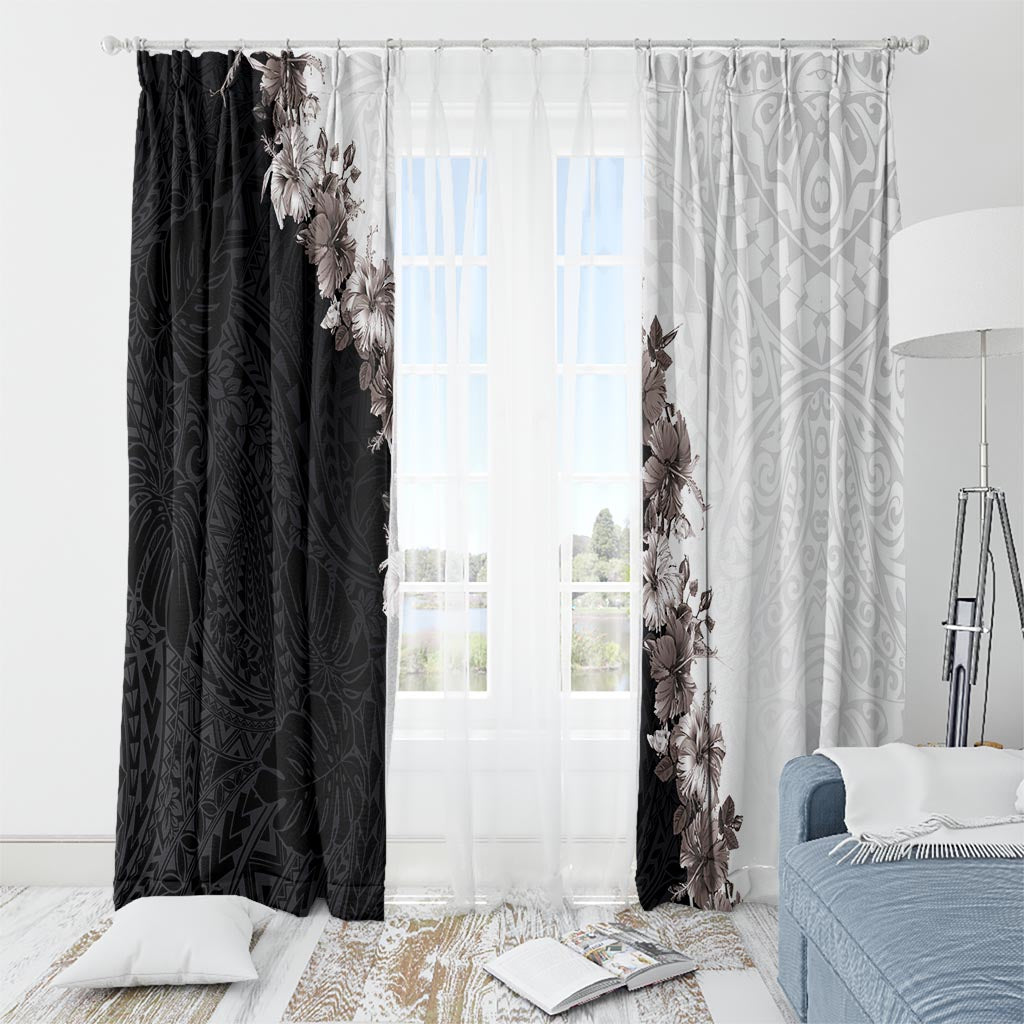 Hawaii Grayscale Hibiscus Flowers Window Curtain Polynesian Pattern With Half Black White Version