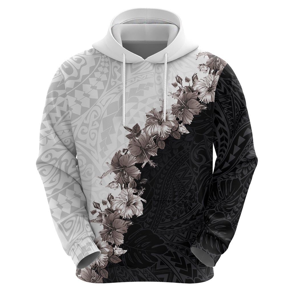 Hawaii Grayscale Hibiscus Flowers Zip Hoodie Polynesian Pattern With Half Black White Version
