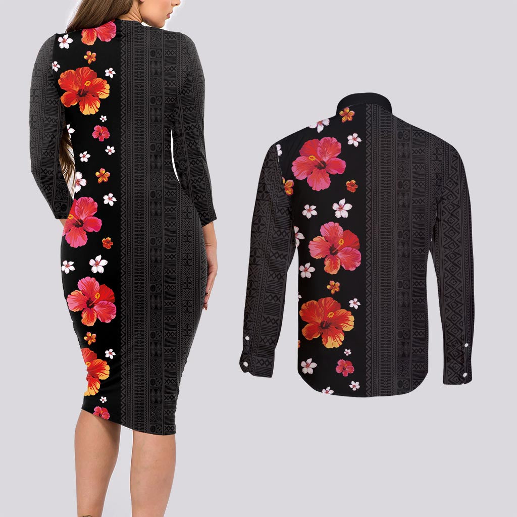 Hawaii Hibiscus and Plumeria Flowers Couples Matching Long Sleeve Bodycon Dress and Long Sleeve Button Shirt Tapa Tribal Pattern Half Style Colorful Mode