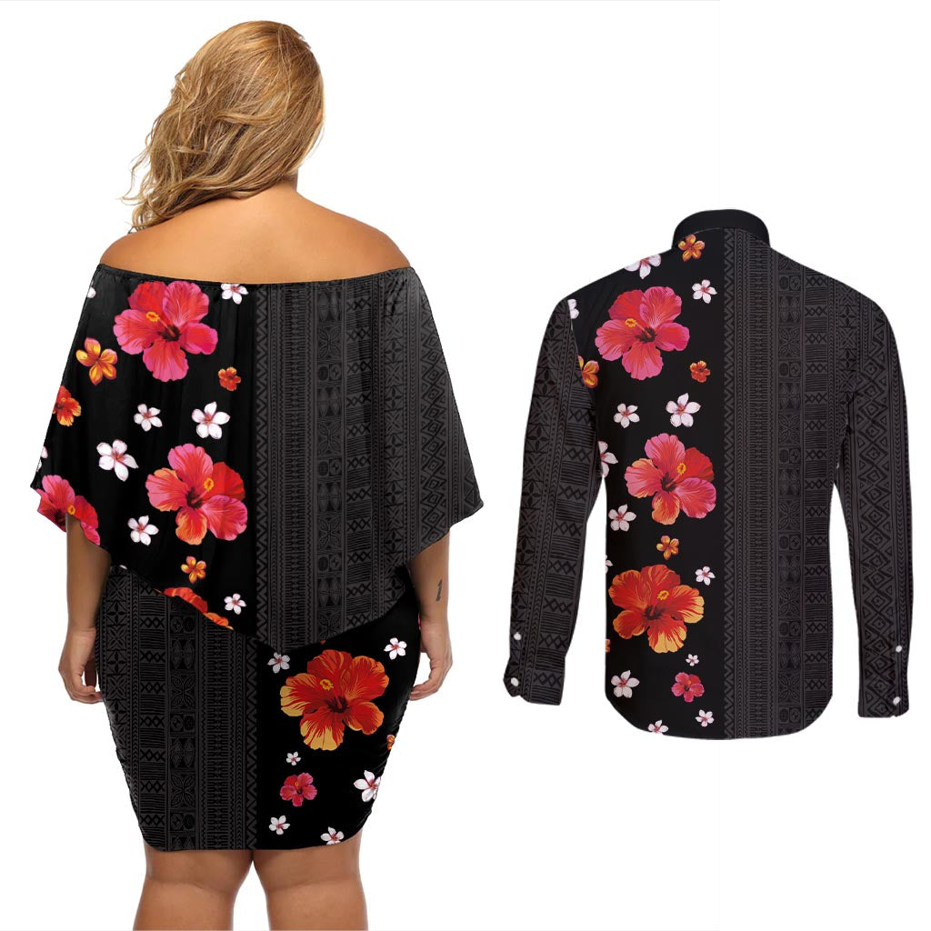 Hawaii Hibiscus and Plumeria Flowers Couples Matching Off Shoulder Short Dress and Long Sleeve Button Shirt Tapa Tribal Pattern Half Style Colorful Mode