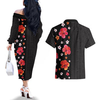 Hawaii Hibiscus and Plumeria Flowers Couples Matching Off The Shoulder Long Sleeve Dress and Hawaiian Shirt Tapa Tribal Pattern Half Style Colorful Mode