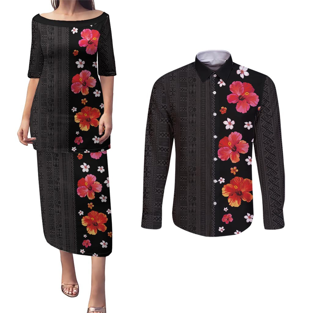 Hawaii Hibiscus and Plumeria Flowers Couples Matching Puletasi and Long Sleeve Button Shirt Tapa Tribal Pattern Half Style Colorful Mode