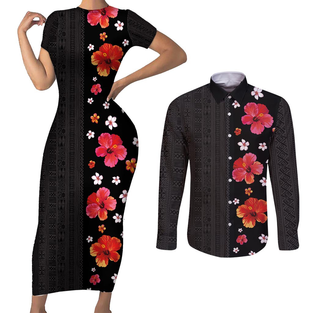 Hawaii Hibiscus and Plumeria Flowers Couples Matching Short Sleeve Bodycon Dress and Long Sleeve Button Shirt Tapa Tribal Pattern Half Style Colorful Mode
