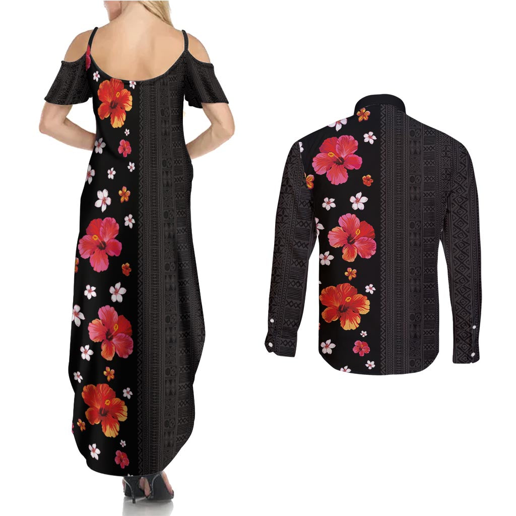 Hawaii Hibiscus and Plumeria Flowers Couples Matching Summer Maxi Dress and Long Sleeve Button Shirt Tapa Tribal Pattern Half Style Colorful Mode