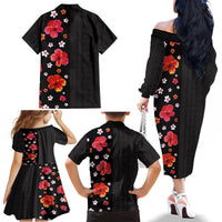 Hawaii Hibiscus and Plumeria Flowers Family Matching Off The Shoulder Long Sleeve Dress and Hawaiian Shirt Tapa Tribal Pattern Half Style Colorful Mode