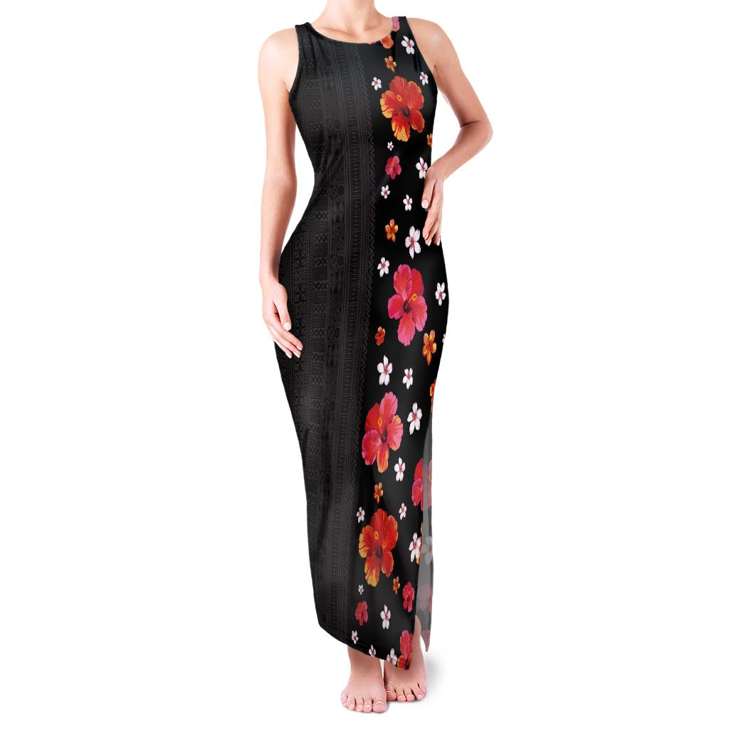 Hawaii Hibiscus and Plumeria Flowers Family Matching Tank Maxi Dress and Hawaiian Shirt Tapa Tribal Pattern Half Style Colorful Mode