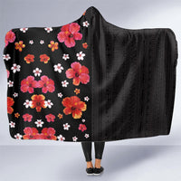 Hawaii Hibiscus and Plumeria Flowers Hooded Blanket Tapa Tribal Pattern Half Style Colorful Mode LT03 One Size Black - Polynesian Pride