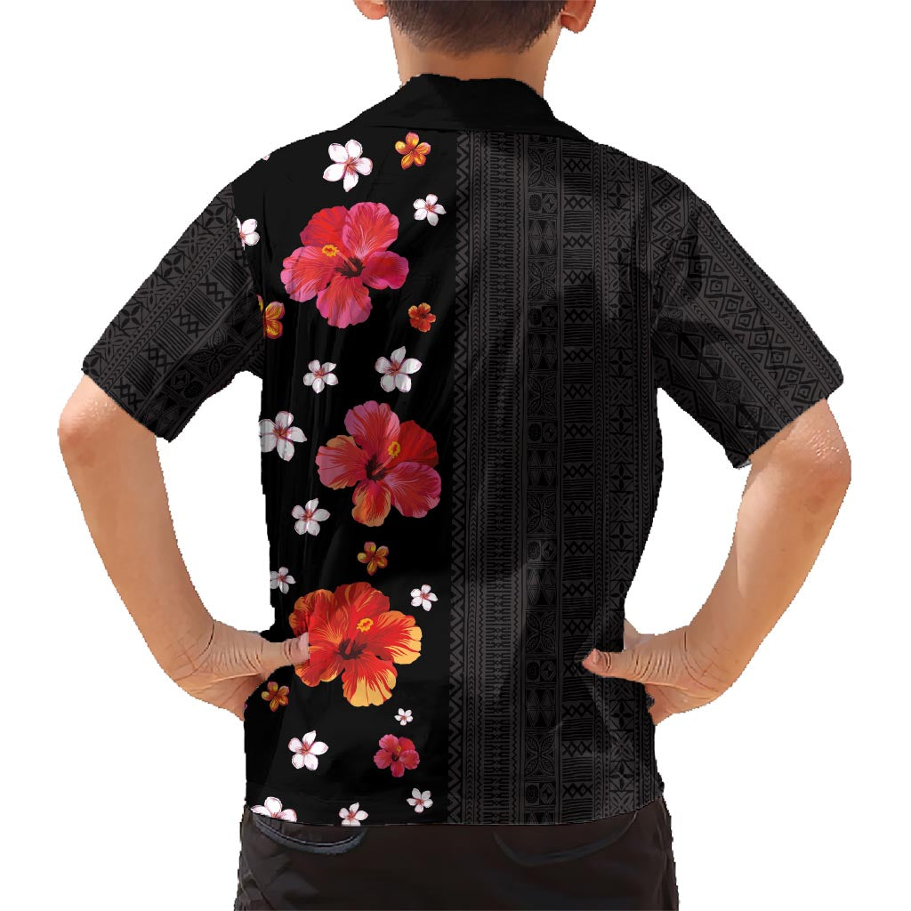 Hawaii Hibiscus and Plumeria Flowers Kid Hawaiian Shirt Tapa Tribal Pattern Half Style Colorful Mode