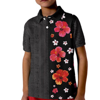 Hawaii Hibiscus and Plumeria Flowers Kid Polo Shirt Tapa Tribal Pattern Half Style Colorful Mode LT03 Kid Black - Polynesian Pride