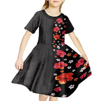 Hawaii Hibiscus and Plumeria Flowers Kid Short Sleeve Dress Tapa Tribal Pattern Half Style Colorful Mode