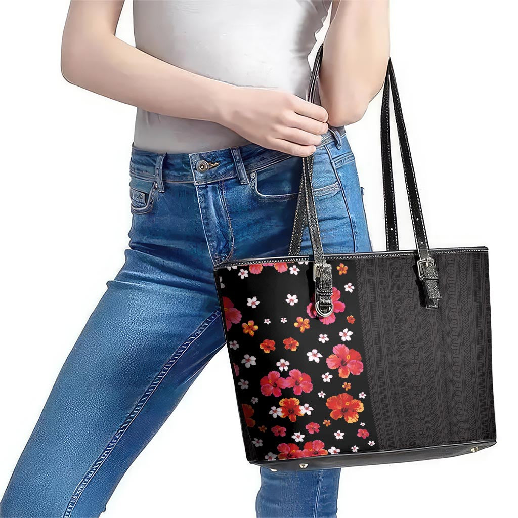 Hawaii Hibiscus and Plumeria Flowers Leather Tote Bag Tapa Tribal Pattern Half Style Colorful Mode
