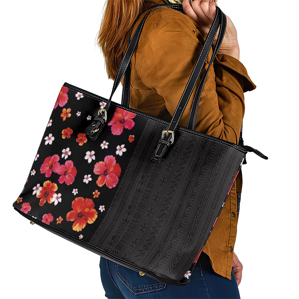 Hawaii Hibiscus and Plumeria Flowers Leather Tote Bag Tapa Tribal Pattern Half Style Colorful Mode
