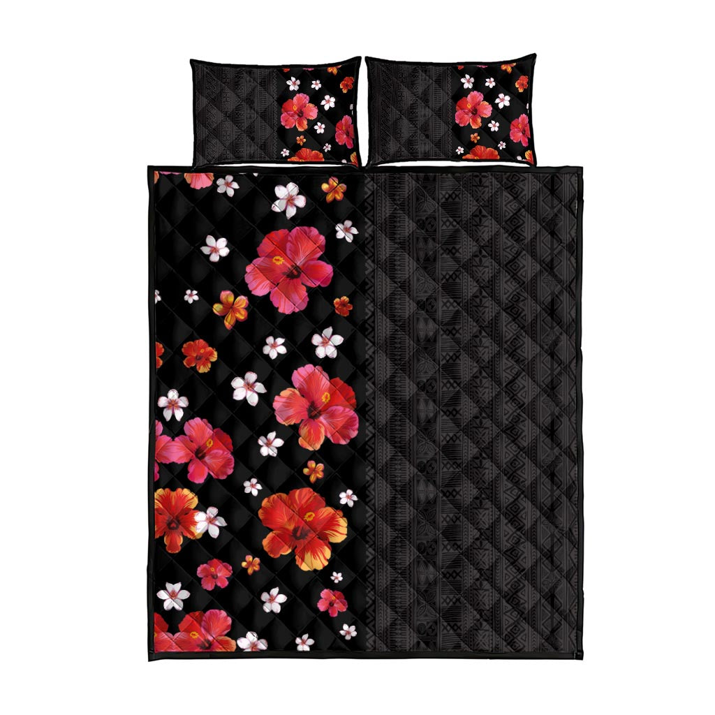 Hawaii Hibiscus and Plumeria Flowers Quilt Bed Set Tapa Tribal Pattern Half Style Colorful Mode