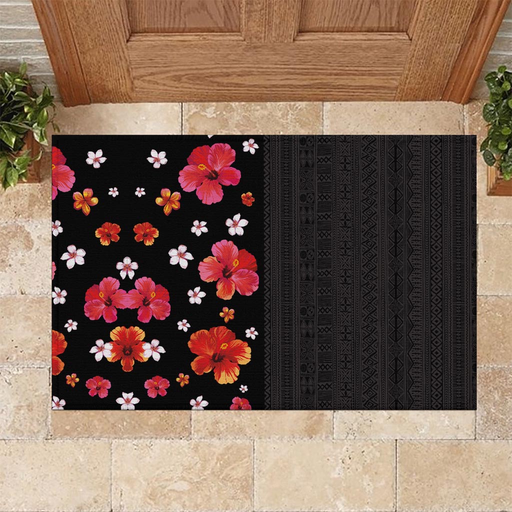 Hawaii Hibiscus and Plumeria Flowers Rubber Doormat Tapa Tribal Pattern Half Style Colorful Mode