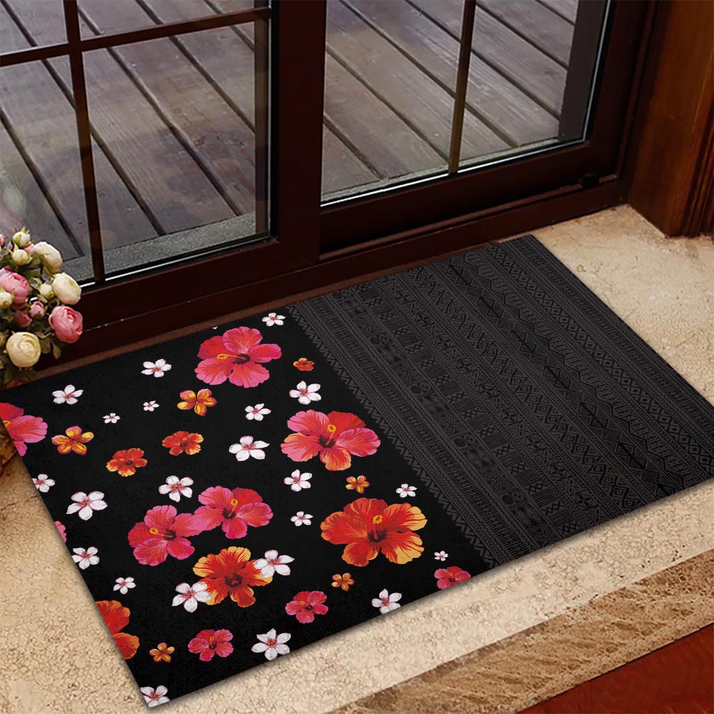 Hawaii Hibiscus and Plumeria Flowers Rubber Doormat Tapa Tribal Pattern Half Style Colorful Mode