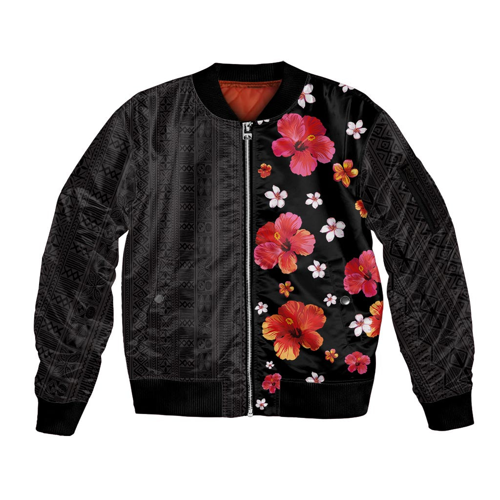Hawaii Hibiscus and Plumeria Flowers Sleeve Zip Bomber Jacket Tapa Tribal Pattern Half Style Colorful Mode