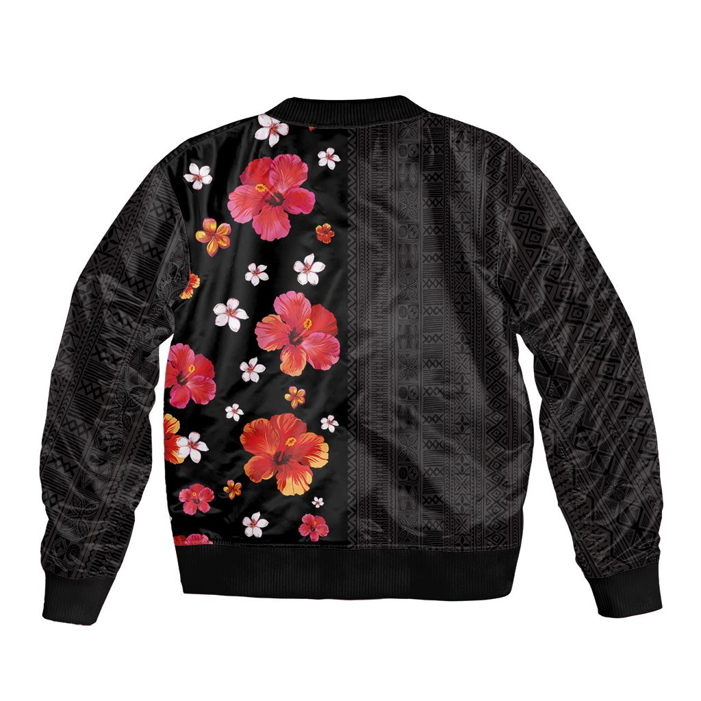 Hawaii Hibiscus and Plumeria Flowers Sleeve Zip Bomber Jacket Tapa Tribal Pattern Half Style Colorful Mode