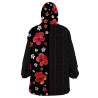 Hawaii Hibiscus and Plumeria Flowers Wearable Blanket Hoodie Tapa Tribal Pattern Half Style Colorful Mode