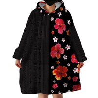 Hawaii Hibiscus and Plumeria Flowers Wearable Blanket Hoodie Tapa Tribal Pattern Half Style Colorful Mode