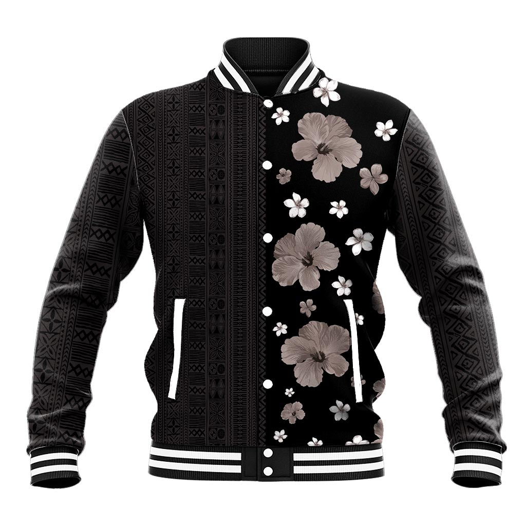 Hawaii Hibiscus and Plumeria Flowers Baseball Jacket Tapa Tribal Pattern Half Style Grayscale Mode LT03 Unisex Black - Polynesian Pride