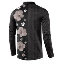Hawaii Hibiscus and Plumeria Flowers Button Sweatshirt Tapa Tribal Pattern Half Style Grayscale Mode