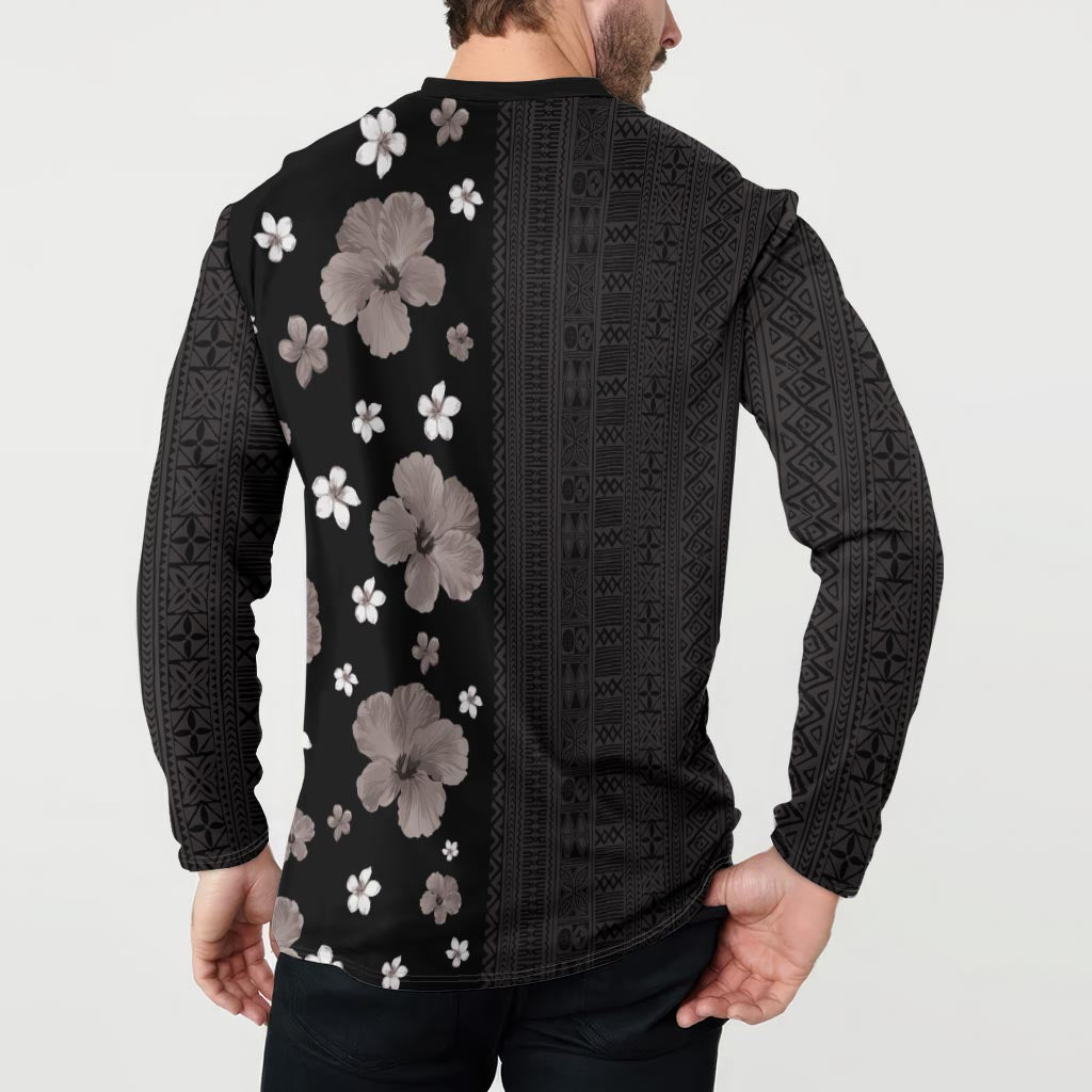 Hawaii Hibiscus and Plumeria Flowers Button Sweatshirt Tapa Tribal Pattern Half Style Grayscale Mode