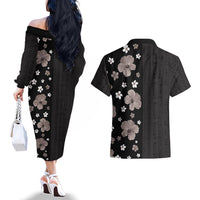 Hawaii Hibiscus and Plumeria Flowers Couples Matching Off The Shoulder Long Sleeve Dress and Hawaiian Shirt Tapa Tribal Pattern Half Style Grayscale Mode