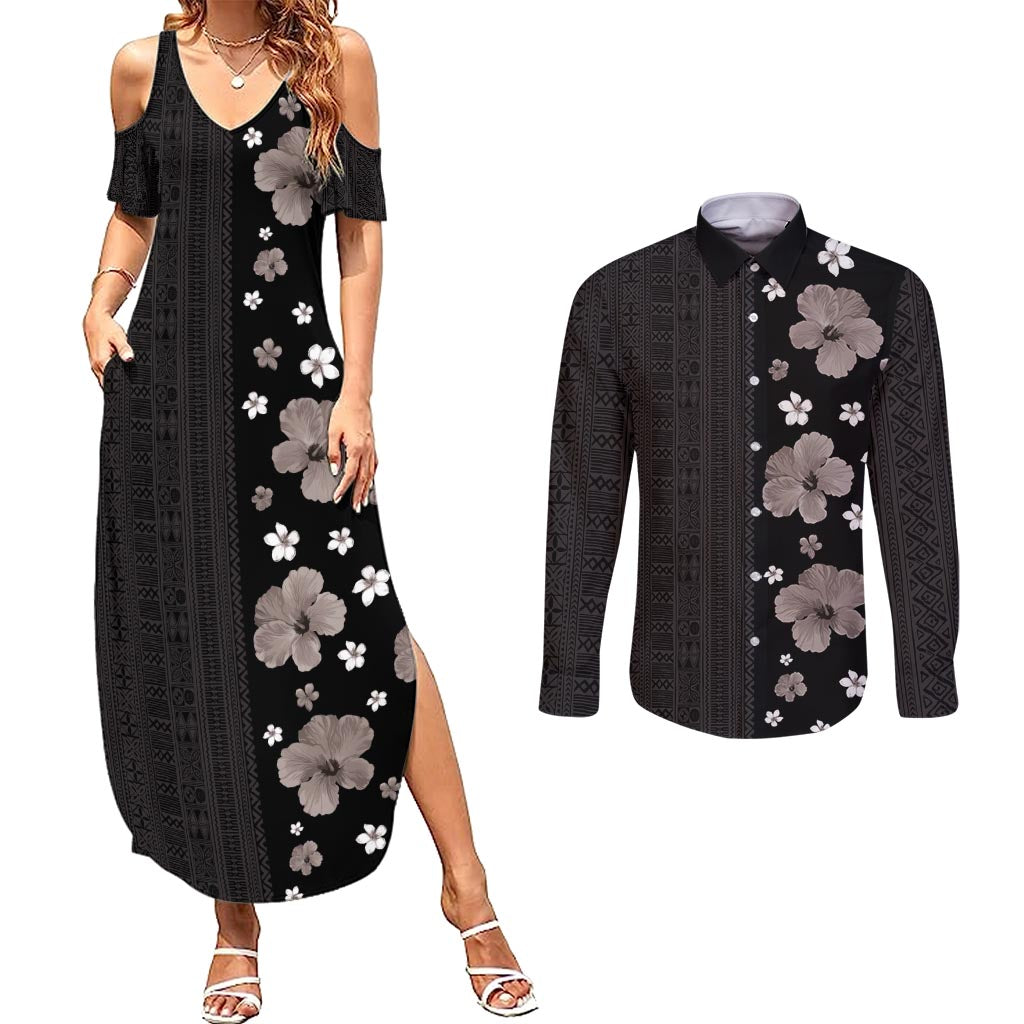Hawaii Hibiscus and Plumeria Flowers Couples Matching Summer Maxi Dress and Long Sleeve Button Shirt Tapa Tribal Pattern Half Style Grayscale Mode