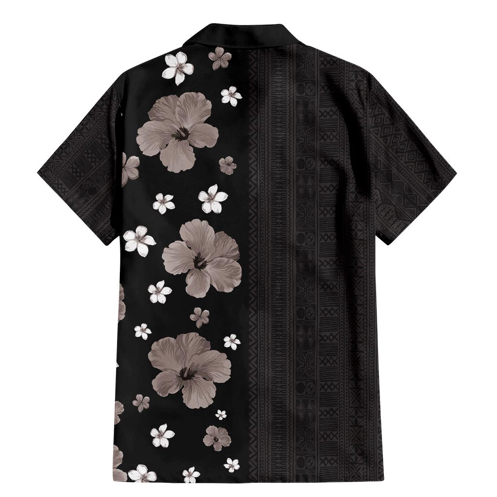 Hawaii Hibiscus and Plumeria Flowers Family Matching Mermaid Dress and Hawaiian Shirt Tapa Tribal Pattern Half Style Grayscale Mode