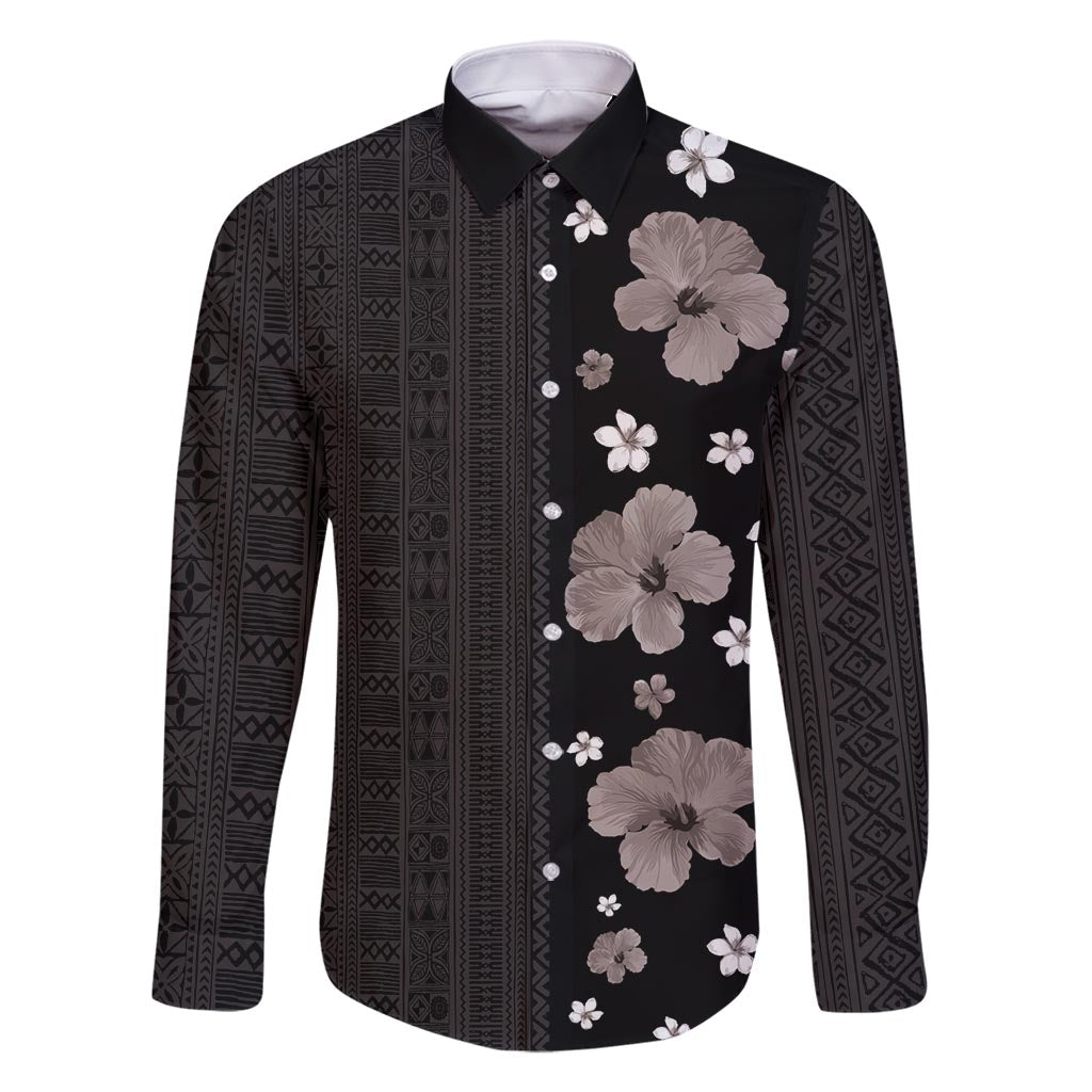 Hawaii Hibiscus and Plumeria Flowers Family Matching Off Shoulder Maxi Dress and Hawaiian Shirt Tapa Tribal Pattern Half Style Grayscale Mode