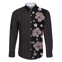 Hawaii Hibiscus and Plumeria Flowers Family Matching Off Shoulder Maxi Dress and Hawaiian Shirt Tapa Tribal Pattern Half Style Grayscale Mode